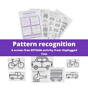 Puede incluir: Una hoja de trabajo imprimible en blanco y negro para que los niños practiquen el reconocimiento de patrones. La hoja de trabajo presenta imágenes de una bicicleta, un automóvil, un helicóptero, un camión y un autobús. La hoja de trabajo se titula "Unplugged Tots Pattern Recognition".