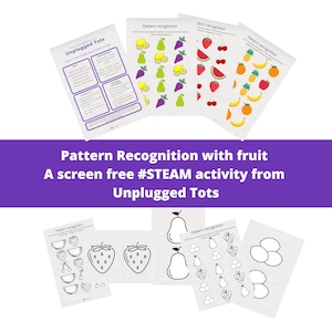 Może przedstawiać: Zestaw drukowanych arkuszy ćwiczeń dla dzieci, aby ćwiczyły rozpoznawanie wzorów z owocami. Arkusze ćwiczeń przedstawiają różne owoce, takie jak gruszki, winogrona, cytryny, truskawki, arbuzy i wiśnie. Tekst na arkuszach ćwiczeń brzmi "Rozpoznawanie wzorów".