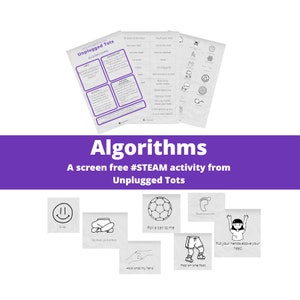 Puede incluir: Ilustraciones en blanco y negro de una serie de acciones, como sonreír, sentarse, rodar una pelota, tocarse los dedos de los pies, saltar sobre un pie y poner las manos por encima de la cabeza. El texto "Algorithms" está en la parte superior de la imagen. El texto "A screen free #STEAM activity from Unplugged Tots" está debajo de las ilustraciones.