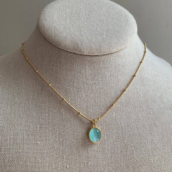 Blue green cat eye stone pendant gold necklace, simple everyday dainty necklace, holiday gift for her, minimalist layered necklace,