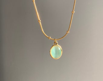 Blue green cat eye stone pendant gold necklace, simple everyday dainty necklace, holiday gift for her, minimalist layered necklace,