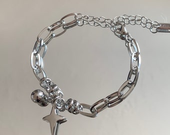 Silver Star Stainless Steel Chunky Bracelet, Y2K Grunge Punk Sturdy Woman Man Bracelet, Gift for Her