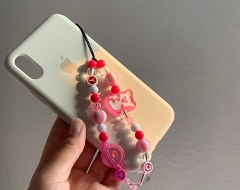 Cute Kawaii Beaded Hot Pink Bear Phone Straps Lanyard, Y2k Kawaii Phone Charm Phone Lanyard, Y2k Phone Charm Strap, Gift for Her