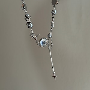 Silver Grey Pearl Moonstone Stainless Steel Y2K Star Necklace, Cute Chunky Dangle Star Necklace