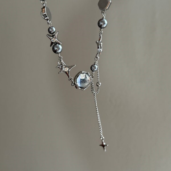 Silver Grey Pearl Moonstone Stainless Steel Y2K Star Necklace, Cute Chunky Dangle Star Necklace