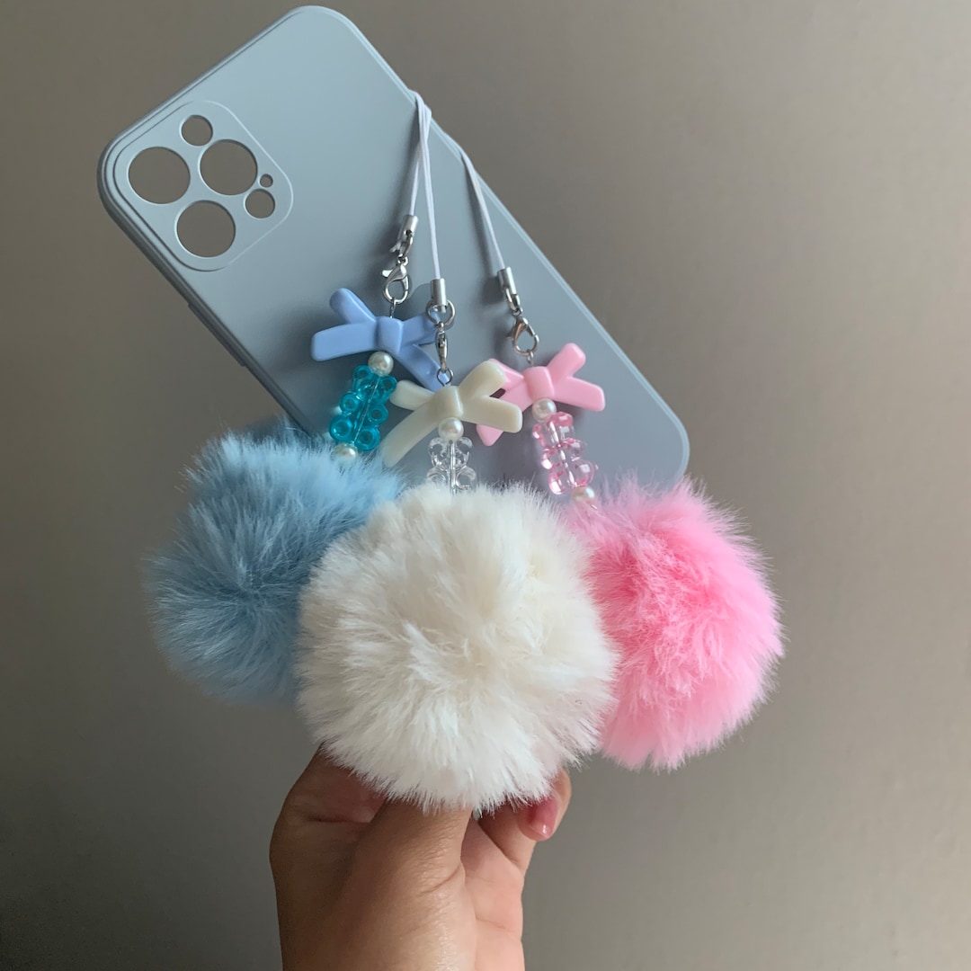 Cute Fluffy Pompom Phone Charm Phone Straps White Blue Phone