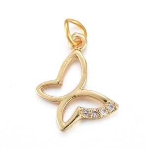Brass Micro Pave Clear Cubic Zirconia Charms, with Jump Rings, Butterfly, Real 18K Gold Plated, 14.8x12mm, Jump Ring: 4.4x0.6mm,