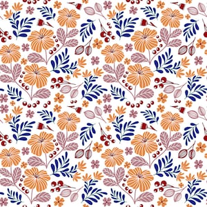 May include: A seamless pattern featuring stylised orange flowers, blue leaves, and red berries on a white background.