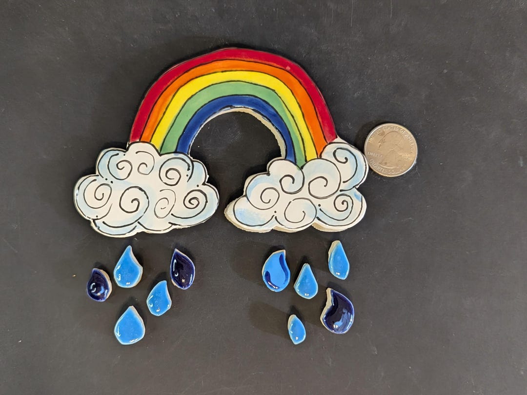 Handmade Ceramic Rainbow With Rain Drop Mosaic Tiles, Decorative