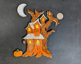 Handmade ceramic haunted tree house mosaic tile, haunted house tile, decorative Halloween mosaic, Halloween craft tiles