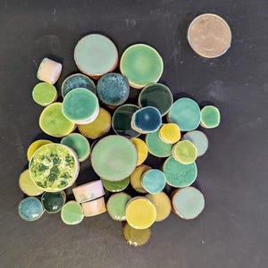 Round green mosaic clay tiles various sizes and shades, decorative, craft, tile insert