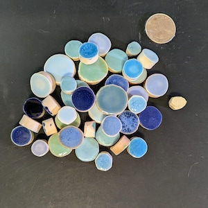 Handmade ceramic blue round tiles for mosaics, custom, tile insert, decorative, craft tile