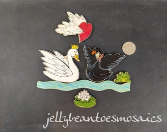 Handmade ceramic mosaic Swan Lake tile set, decorative tiles, black swan tile, back splash tiles, wall mural art