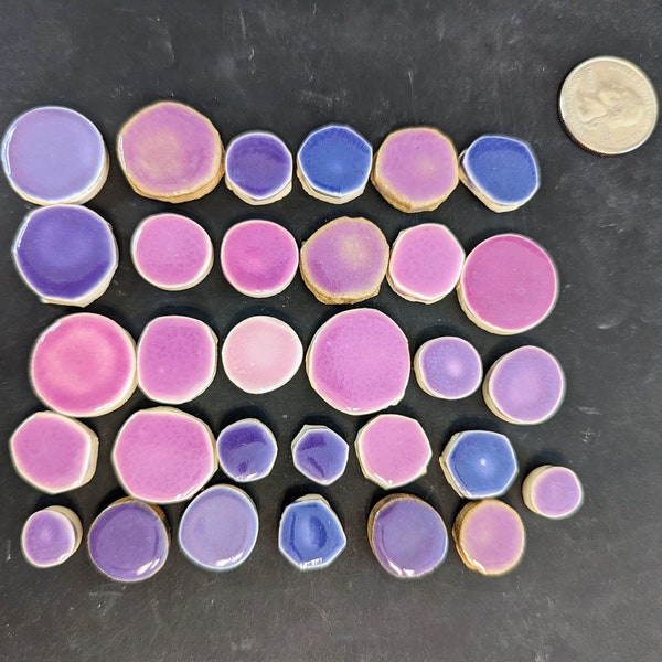 Handmade mosaic clay tiles, various shades of purple round tiles