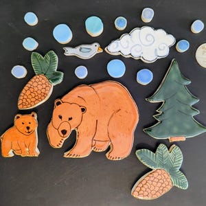 Handmade Mamma Bear with her cub and pine tree mosaic tile set