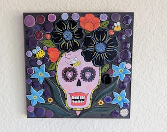 Original ceramic wall hanging mosaic art Sugar Skull Queen, dia de los muertos