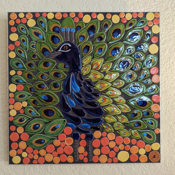 Mosaic wall hanging artwork, fanned out Peacock