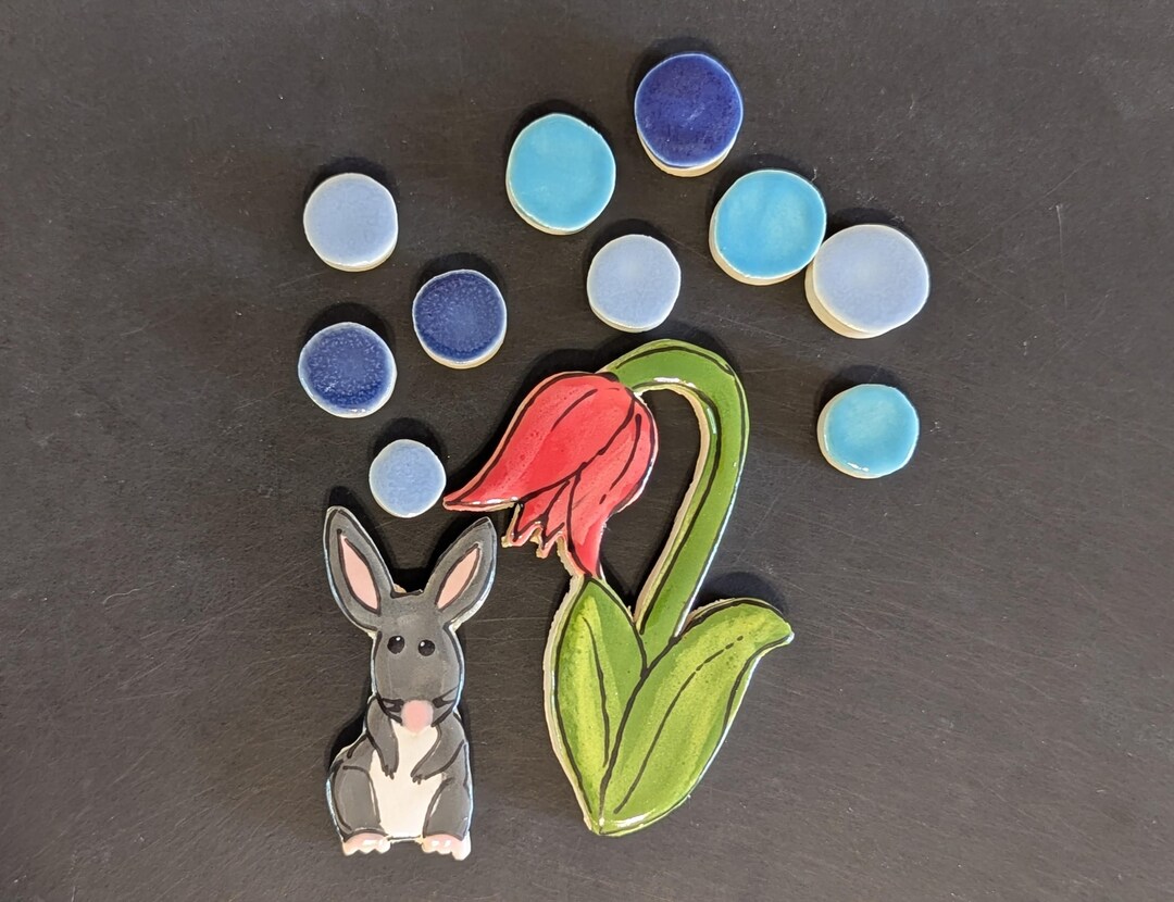 Handmade Ceramic Mosaic Tile: Field Mouse and Coral Pink Flower - Etsy