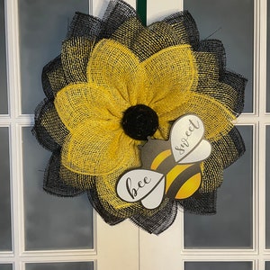 Bee wreath, bumble bee wreath, sunflower wreath, black and yellow front door decor