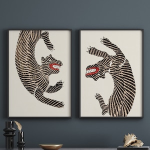 Conjunto japonés vintage de 2 impresiones de tigres, cartel de Taguchi Tomoki, arte minimalista tradicional, arte Ukiyo E, bloque de madera del período Edo, decoración de la pared