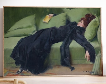 Vintage Print, Decadent Young Woman Poster, Ramon Casas Painting Reproduction, Modern Art, Printable Wall Art, Sage Green Poster, Wall Decor