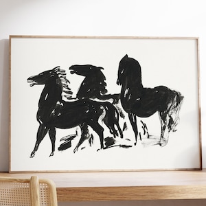 Minimalist Three Black Horses Print, Leo Gestel Art, Retro Monochrome Graphic, Antique Watercolor, Classic Drawing, Digital Printable