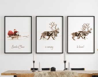 Christmas Prints Set of 3, Santa Claus Reindeers Print, Sleigh Print, Christmas Decor, Xmas Wall Art, Rustic Decor, Noridc Decor, Winter