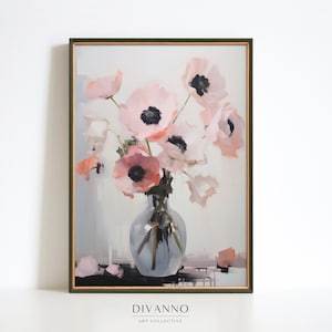 Impresión minimalista de amapolas rosas, estampado floral nórdico, póster de pintura digital, arte de pared de jarrón de flores, decoración moderna del hogar, lienzo de sala de estar