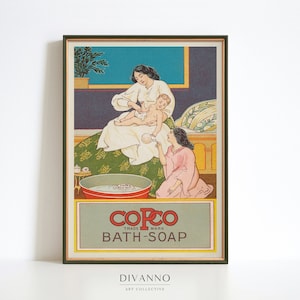 Impresión de jabón de baño vintage, arte de pared del hogar victoriano, cartel retro de lavado de mujeres, lienzo imprimible del día de lavado antiguo, decoración de la pared del baño