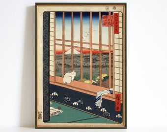 May include: A vintage Japanese woodblock print depicting a white cat sitting by a window with a view of Mount Fuji in the distance. The print is framed in a dark green frame.