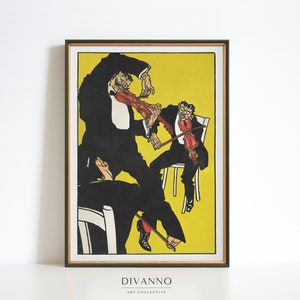 Impresión de arte de músico, arte de mediados de siglo, arte de pared parisino, ilustración de banda de violín, decoración casera francesa, arte de hombre de música vintage, cartel imprimible