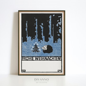 Vintage Urlaub Wandkunst, Moriz Jung Retro Print, Weihnachtsgruß Leinwand, viktorianisches Wohndekor, Frohe Weihnachten Postkarte, blaues Poster
