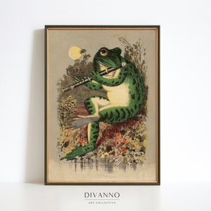 Flute Playing Frog, Vintage Music Poster, Antique Moonlight Toad Illustration, Printable Wall Art, Retro Funny Art, Giclee Print, Lithograph