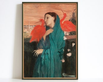 Pode incluir: Uma pintura de uma mulher com uma túnica turquesa com dois pássaros vermelhos empoleirados em seu ombro. A mulher está olhando para a esquerda do quadro. O fundo é uma cidade com um céu de pôr do sol.