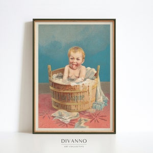 Impresión de ilustración de baño vintage, arte de pared del hogar victoriano, cartel de lavado de dibujos animados retro, día de lavado antiguo imprimible, decoración de la pared del baño