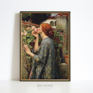 Impresión del alma de la rosa, decoración de la pared victoriana, arte de la pared de la pintura del retrato de la mujer antigua, cartel de la casa del agua, bellas artes románticas, lienzo del jardín