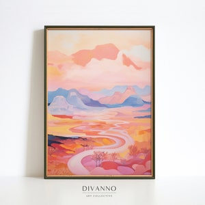 Pastel Landscape Art Print, Abstract Pink Painting Wall Art, Contemporary Minimalist Digital Art, Colourful Mountain Canvas Wall Decor, Gift