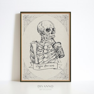 Kaffee Skeleton Print, Halloween Wandkunst, Gothic Bar Wanddekor, lustiges Poster, Kaffee Liebhaber Leinwand, Süßes oder Saures, Spooky Kitchen Decor