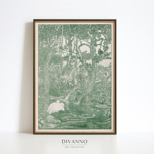 Arte antiguo de la pared de la naturaleza, Van Hoytema dos garzas, ilustración del bosque, lienzo monocromo vintage, bellas artes verdes florales, cartel de pájaros del estanque