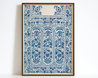 Antique Indian Folk Poster, Blue Flower Pattern Printable, Embroidered Textile Wall Art, Floral Tapestry Decor, 19th Century Exhibition Art