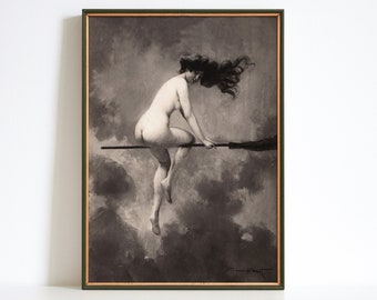 Antique Witch Ride Print, Black Sabbath Gothic Art, Halloween Home Decor