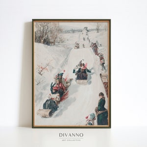 Rustieke winter slee race schilderij, rodelen print, kerst boerderij muur decor, vintage besneeuwde winter scène poster, afdrukbare digitale