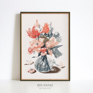 Estampado floral romántico, Ilustración floral clásica, Decoración de arte botánico, Arte mural de pintura de bodegones, Arte digital, Flores en un lienzo de jarrón