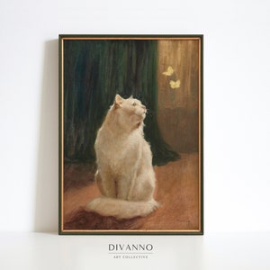 Arte de pared vintage de gato blanco y mariposas amarillas, impresión juguetona de gato mariposa, póster imprimible de pintura, lindo lienzo para mascotas, regalo para amantes de los gatos