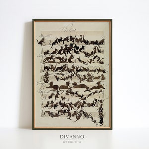 Stampa artistica sinfonia di gatti, arte antica della parete di Halloween, poster stampabile per feste, tela di gatto nero, decorazione della sala musica, regalo per gli amanti dei gatti, arte digitale