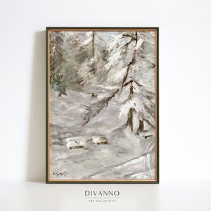 Antike Winterwald Ölgemälde Druck, Vintage verschneite Landschaft Wandkunst, nordisches immergrünes druckbares Poster, neutrale Leinwand Weihnachtsgeschenk