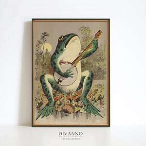 Rana tocando el banjo a la luz de la luna, cartel vintage, ilustración de rana antigua, arte de pared imprimible, impresión retro, cartel de Giclee, litografía