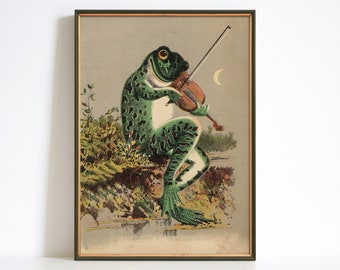 Vintage Frog Violin Poster, Antique Moonlight Illustration (Printable)