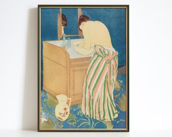 Woman Bathing Print, Vintage Bath French Painting Wall Art, Bathroom Wall Decor,  Woman Portrait Poster, Washing Art Canvas, Printable Gift