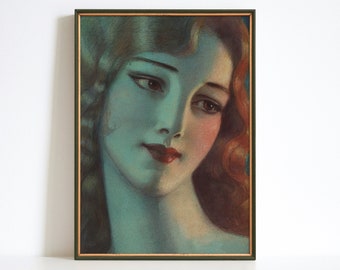 Curly Blond Woman Portrait Print, Vintage Wall Art, Fine Art Poster, Fashion Magazine Wall Decor, Girl Drawing Canvas, Dark Blue Home Decor